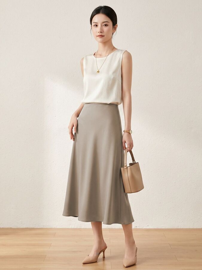 Silk Solid A-Line Midi Skirt