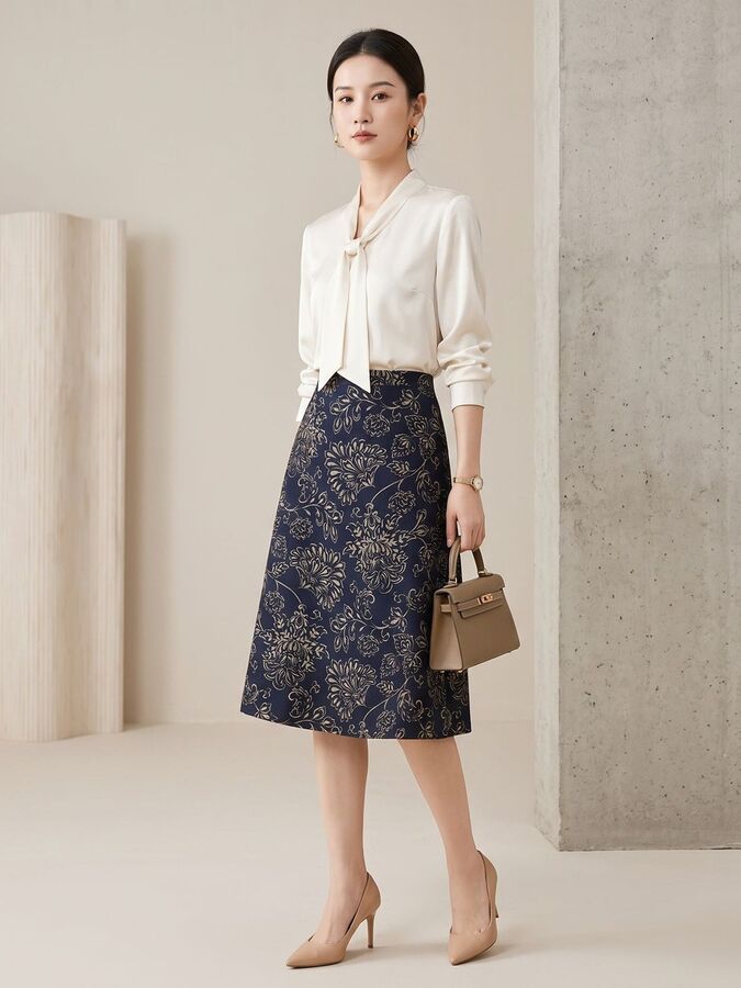 Silk Floral A-Line Skirt High Waist