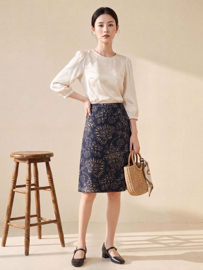 Rok Sutra Bunga A-Line Pinggang Tinggi view 2