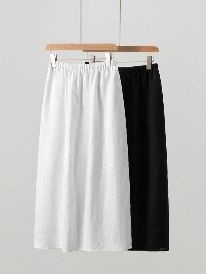 Washed linen straight midi skirt in white and black