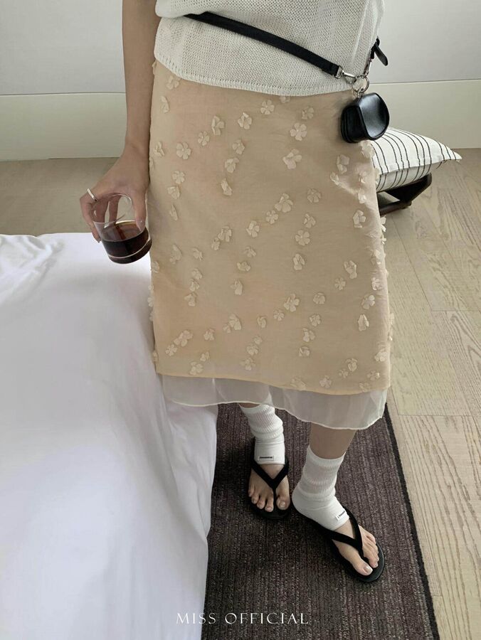 Korean Floral Applique Midi Skirt view 2