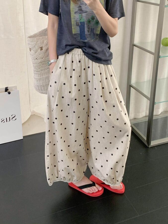 Polka Dot Lace Trim Casual Pants