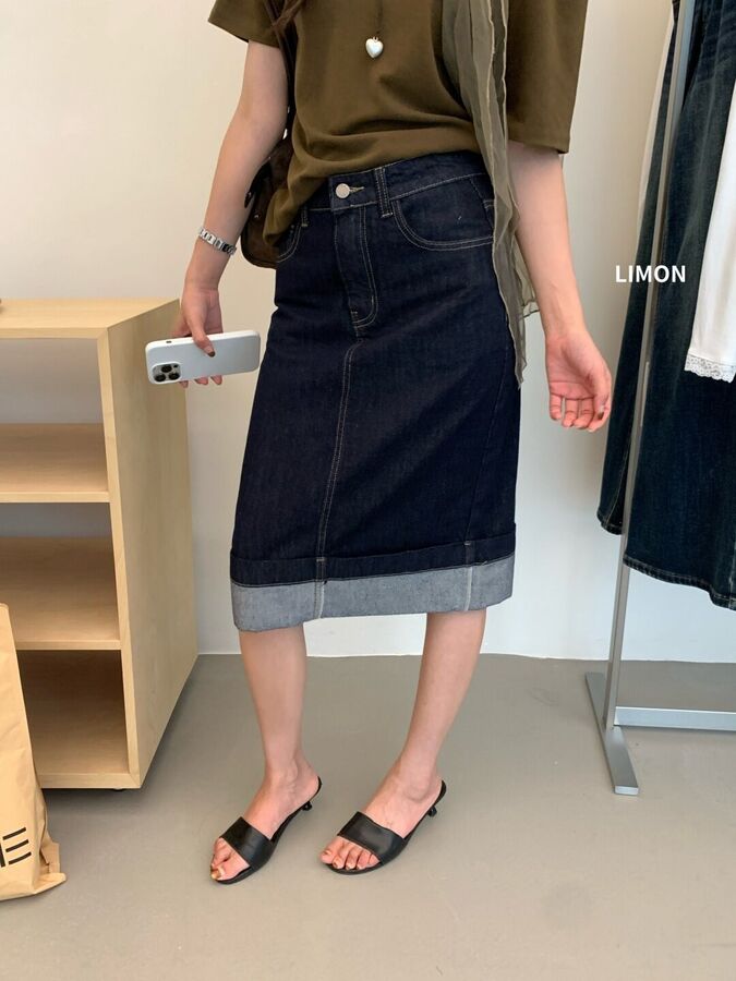 Korean vintage denim A-line midi skirt in denim blue