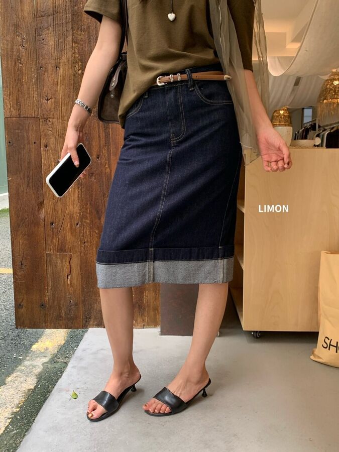 Korean Vintage Denim A-Line Midi Skirt view 6