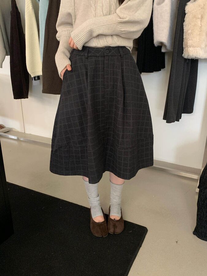 Korean Vintage Plaid A-Line Skirt