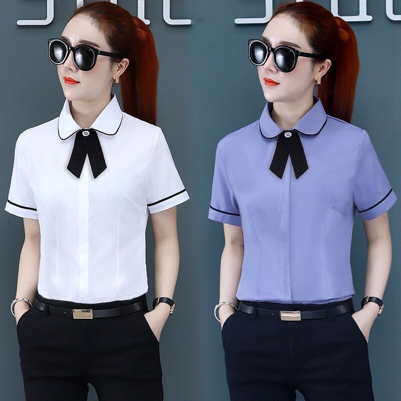 Korean slim short sleeve work shirt in white and grey