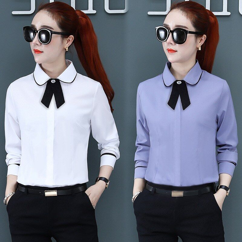 Korean slim long sleeve work shirt in white and grey