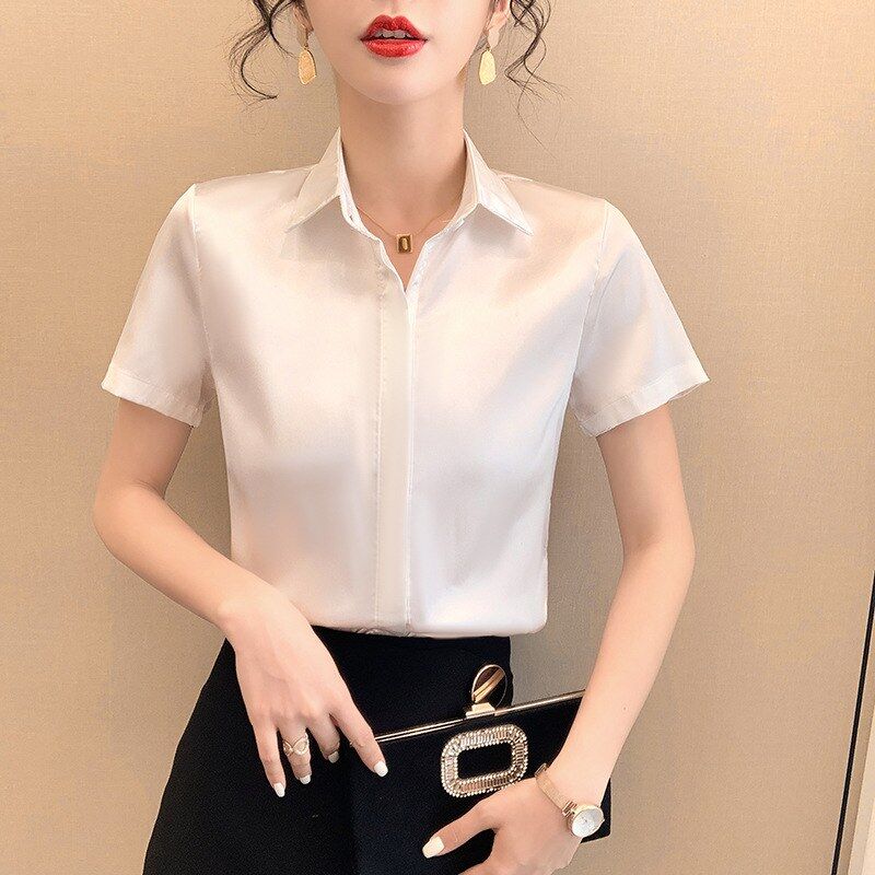 Korean white short sleeve work shirt in white and navy blue