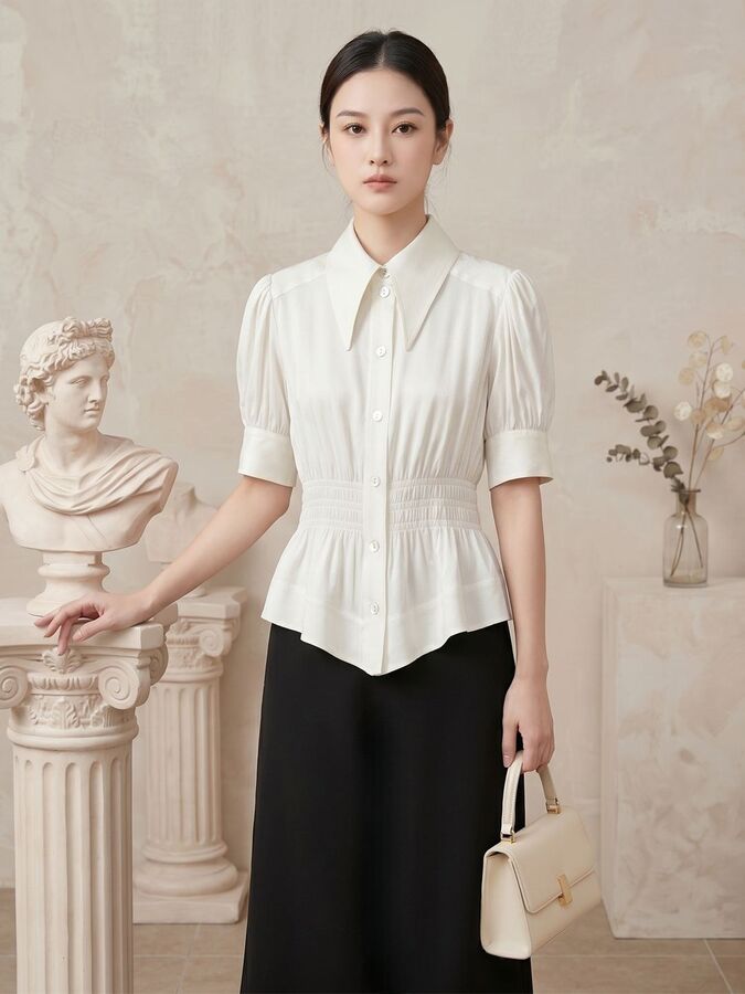Kemeja Sutra Jacquard Lengan Pendek Prancis view 3