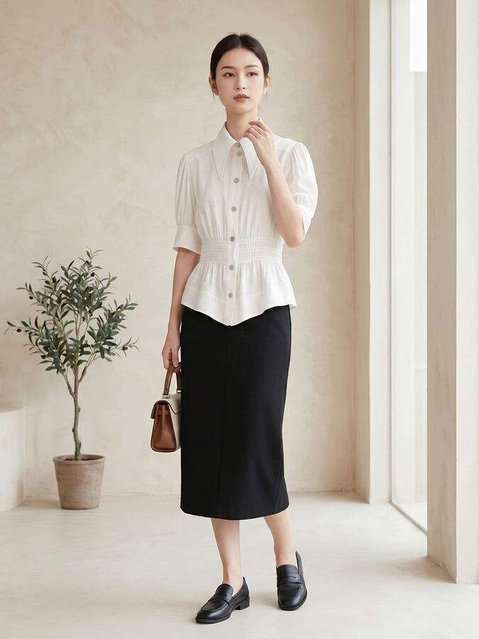 Kemeja Sutra Jacquard Lengan Pendek Prancis view 4