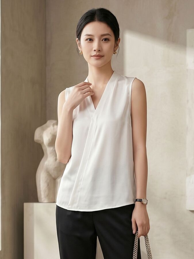 Silk Sleeveless V Neck Shirt
