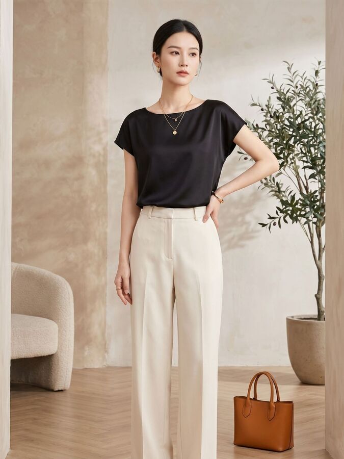 Solid Silk Short Sleeve Top