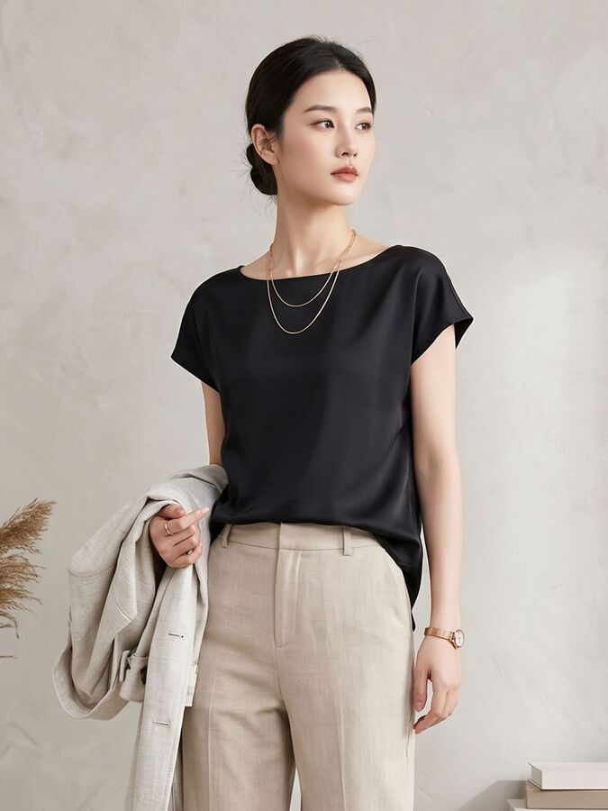 Blusa de Seda Manga Curta Lisa view 2