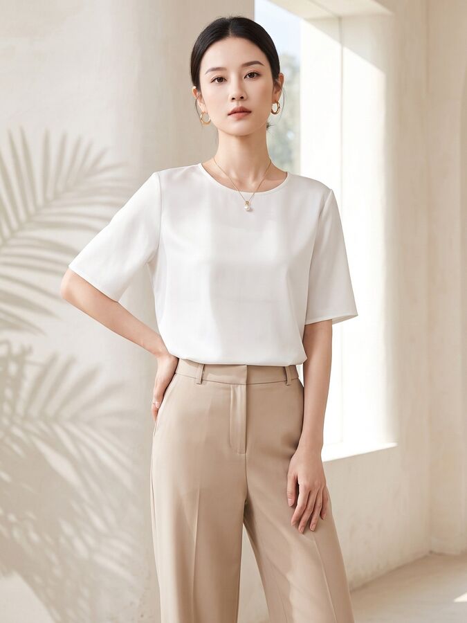 Solid Silk Short Sleeve Top view 3