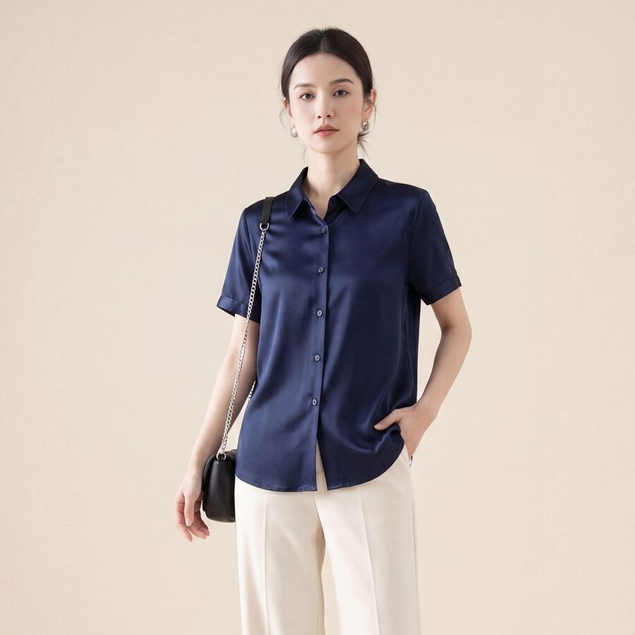 Camisa de Seda Lisa Manga Corta view 10