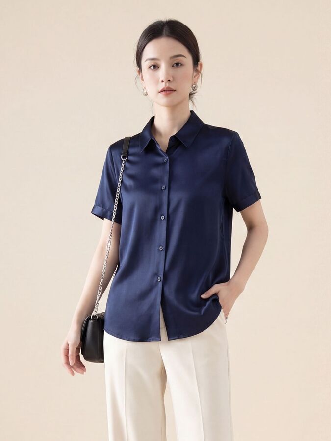 Camisa de Seda Lisa Manga Corta view 2