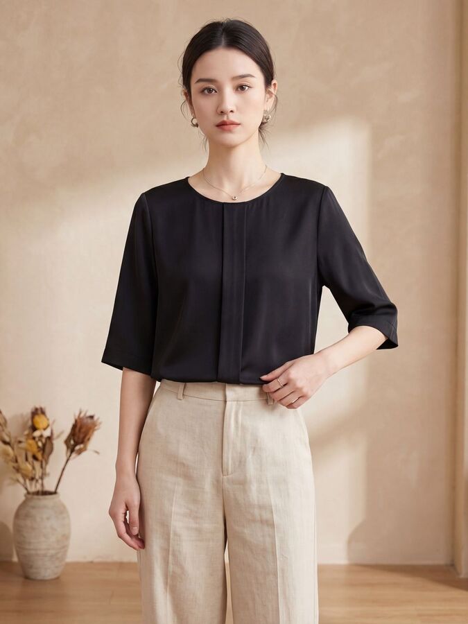 Silk Mid Sleeve Solid Color Top
