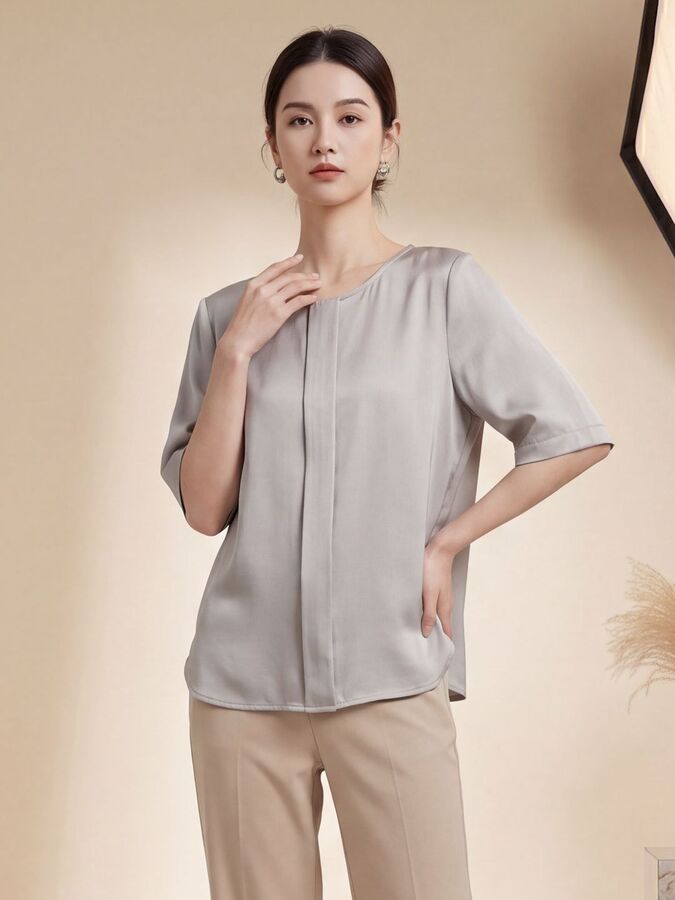 Atasan Sutra Lengan Sedang Warna Solid view 3