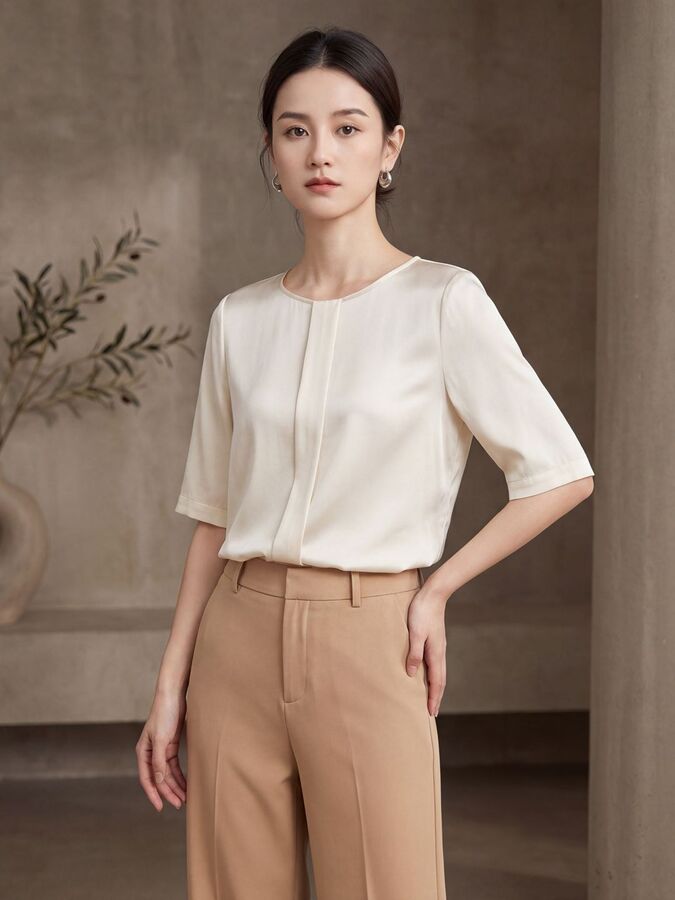 Atasan Sutra Lengan Sedang Warna Solid view 4