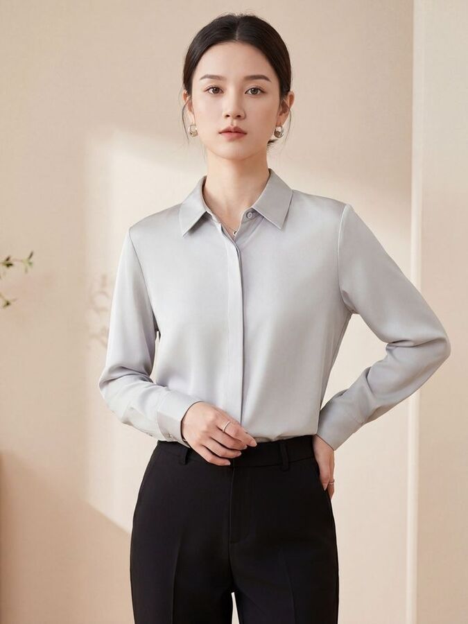 Chemise ample en satin de soie à manches longues view 2