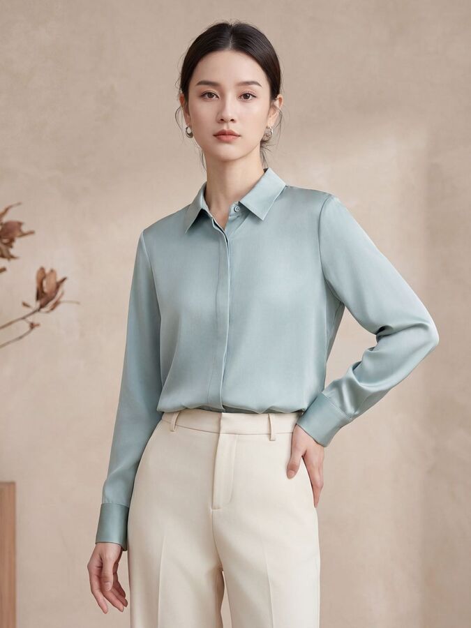 Chemise ample en satin de soie à manches longues view 3