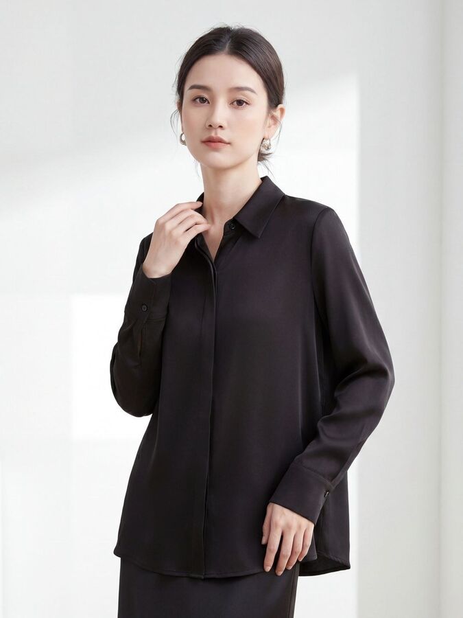 Chemise ample en satin de soie à manches longues view 4