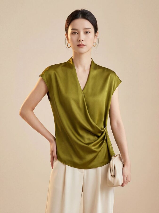 Silk V-neck short sleeve slim top