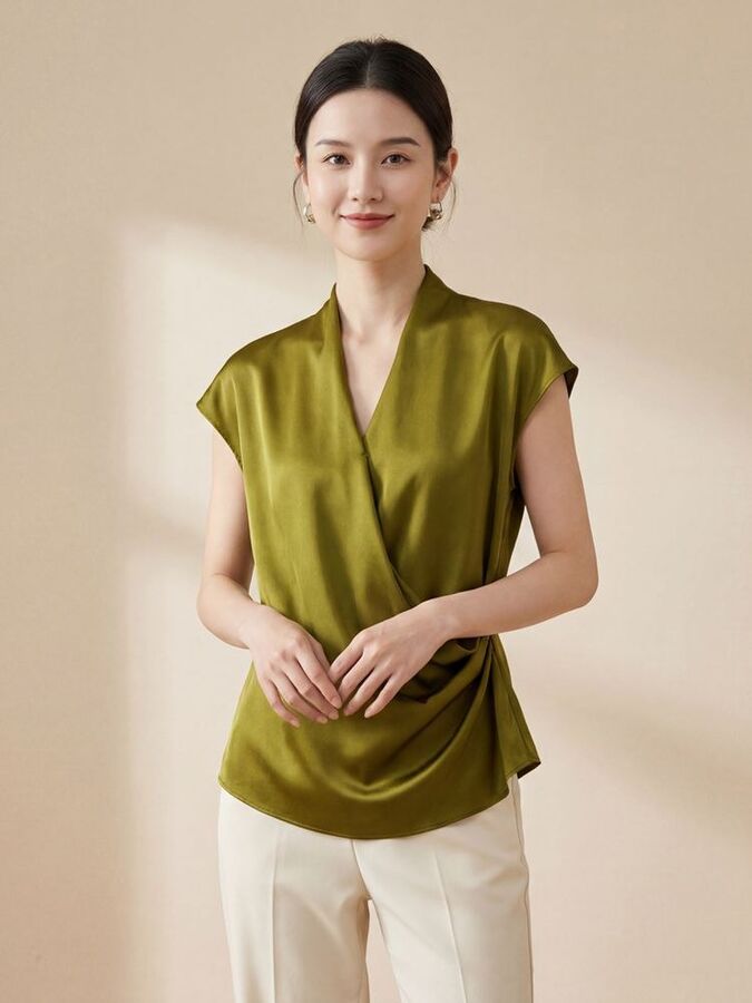 Silk V-Neck Short Sleeve Slim Top view 2