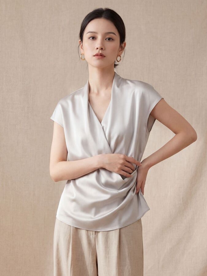 Silk V-Neck Short Sleeve Slim Top view 3