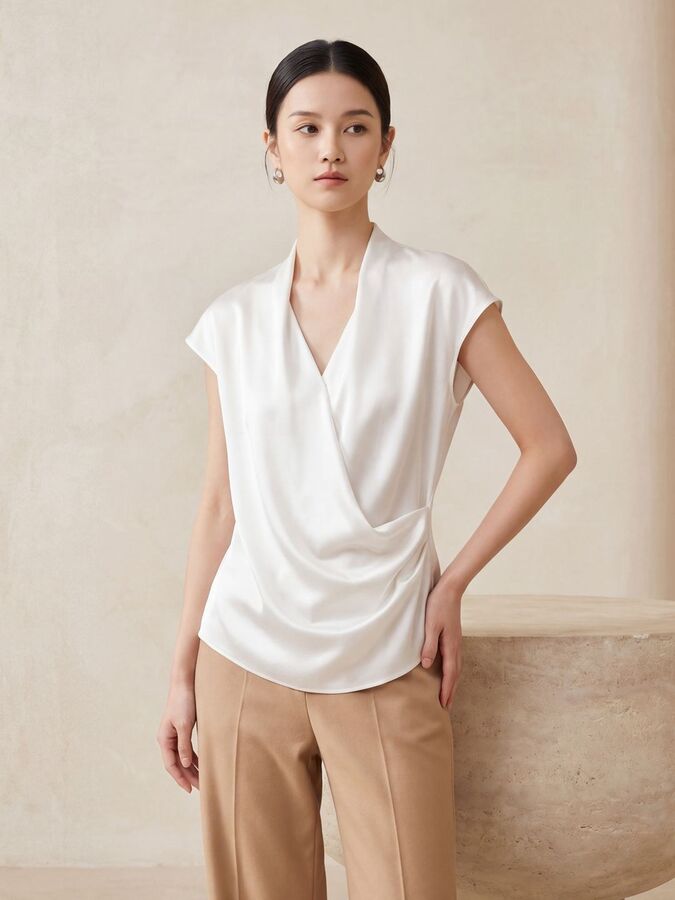 Silk V-Neck Short Sleeve Slim Top view 5