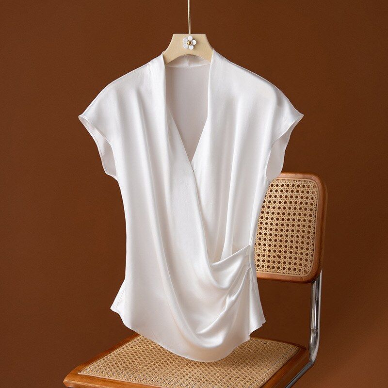Silk V-Neck Short Sleeve Slim Top view 6