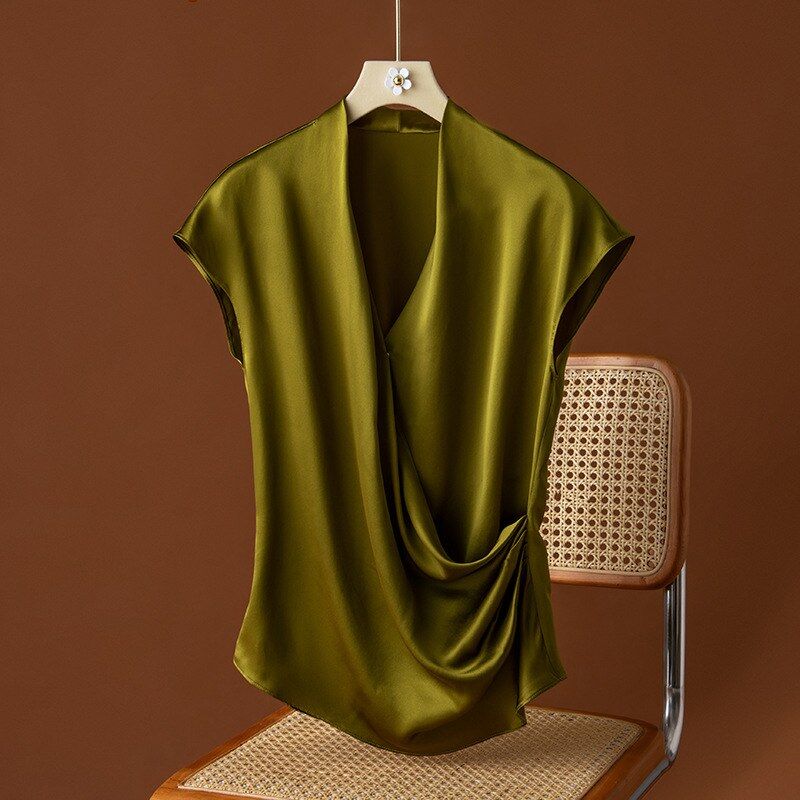 Silk V-Neck Short Sleeve Slim Top view 7