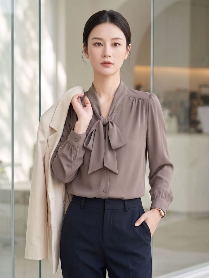 Silk bow tie long sleeve shirt
