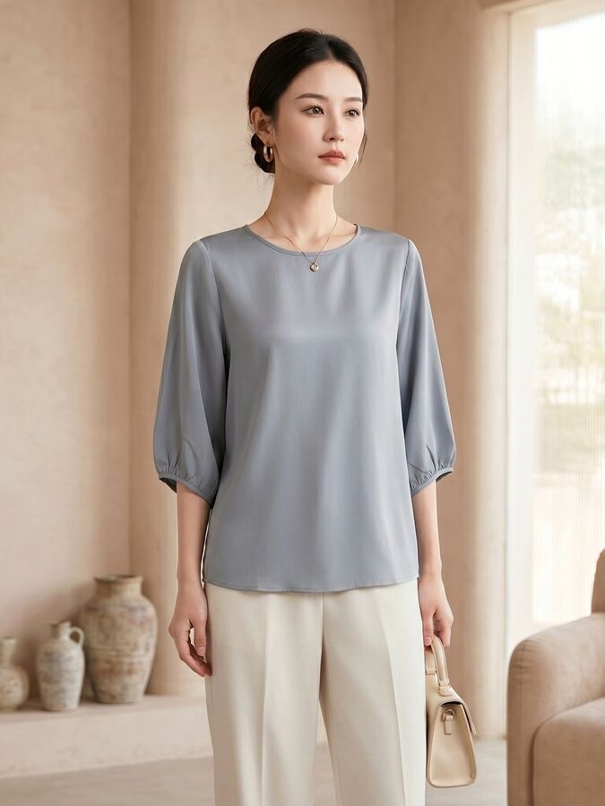 Silk short sleeve crew neck T shirt