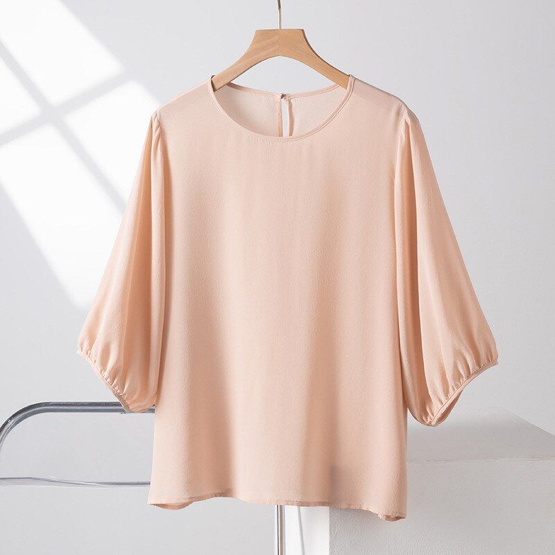 Camiseta de Seda de Manga Corta con Cuello Redondo view 7