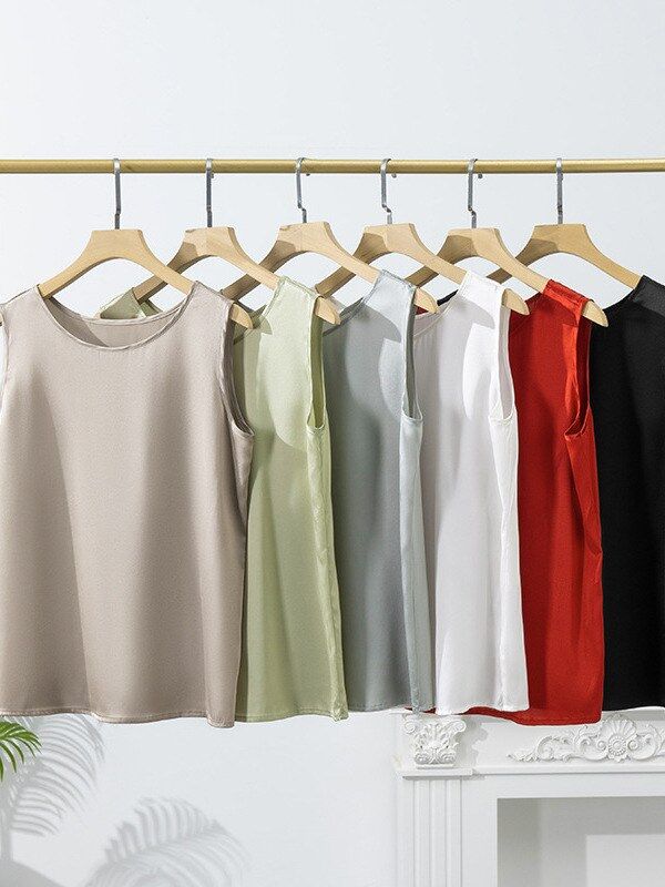 Silk Solid Sleeveless Round Neck Tank Top