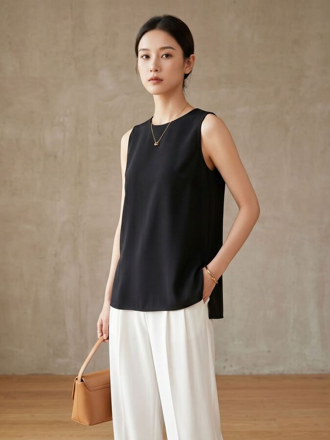 Silk Black Sleeveless Round Neck Tank Top