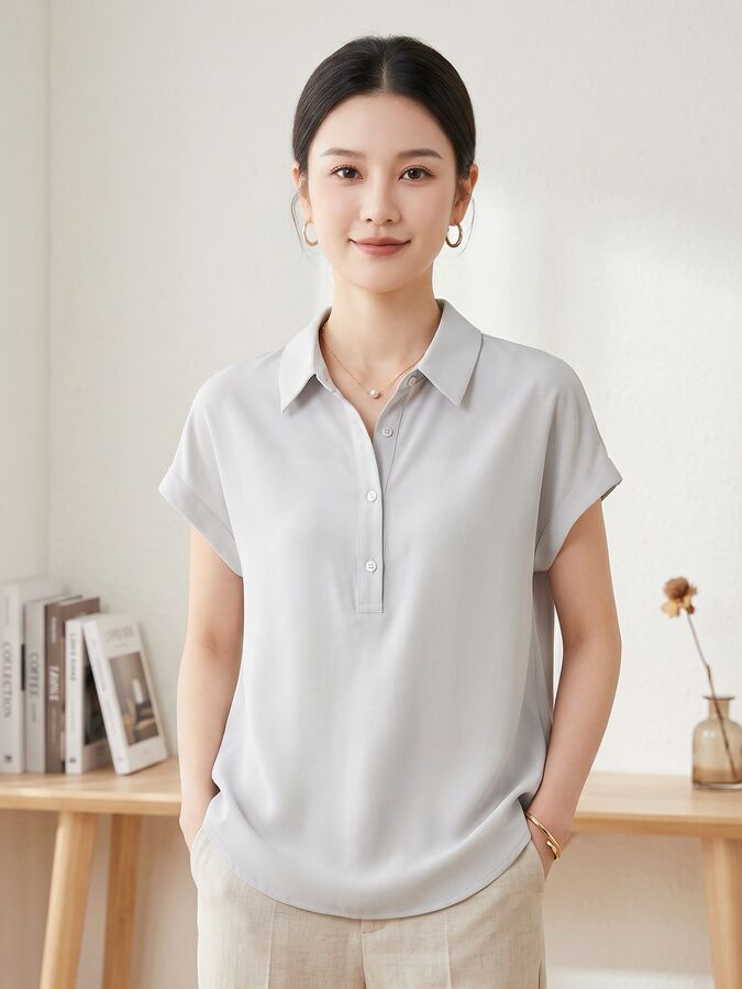 Chemise Décontractée en Soie Manches Courtes Unie view 2
