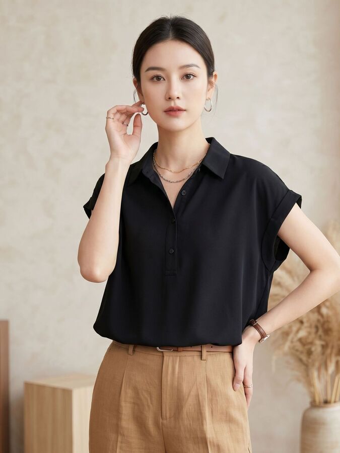 Chemise Décontractée en Soie Manches Courtes Unie view 3