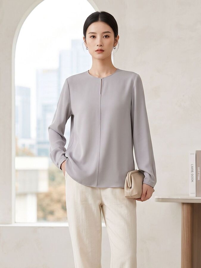 Silk Solid Long Sleeve Round Neck T-Shirt