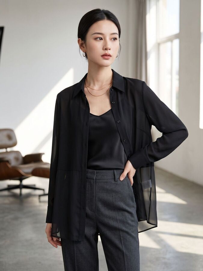 Silk Paneled Shirt Long Sleeve Square Neck
