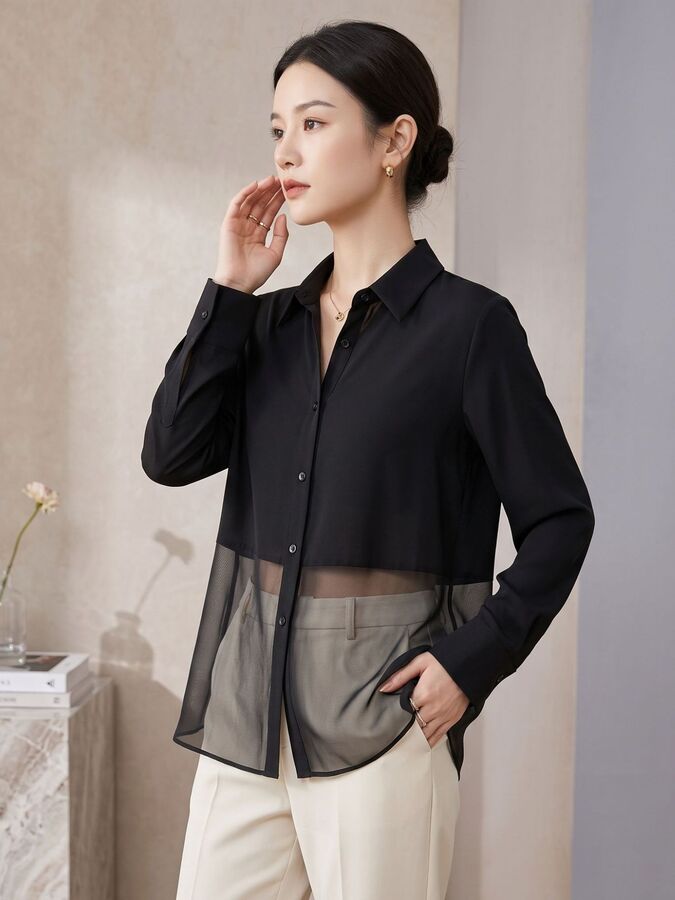 Silk Paneled Shirt Long Sleeve Square Neck view 2
