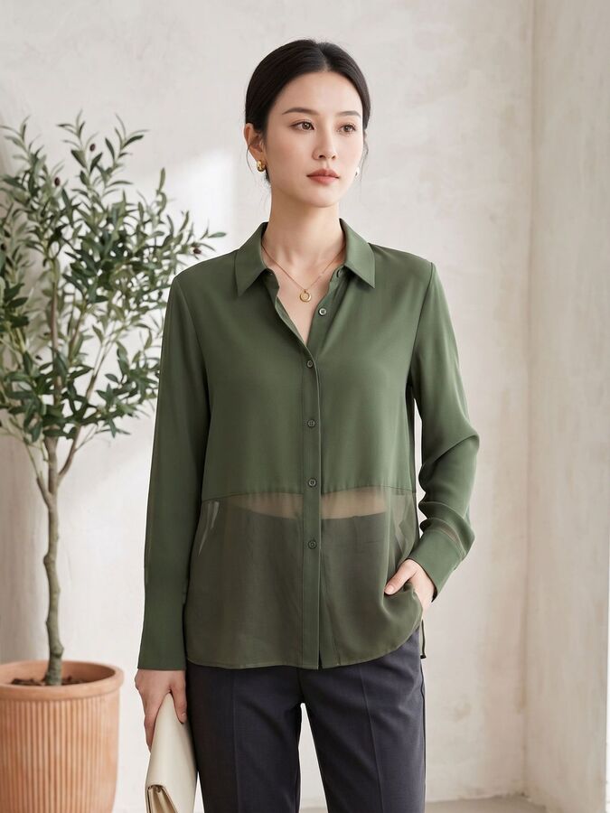 Silk Paneled Shirt Long Sleeve Square Neck view 3