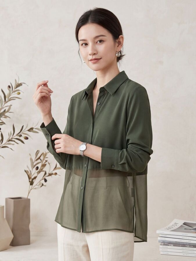 Silk Paneled Shirt Long Sleeve Square Neck view 5