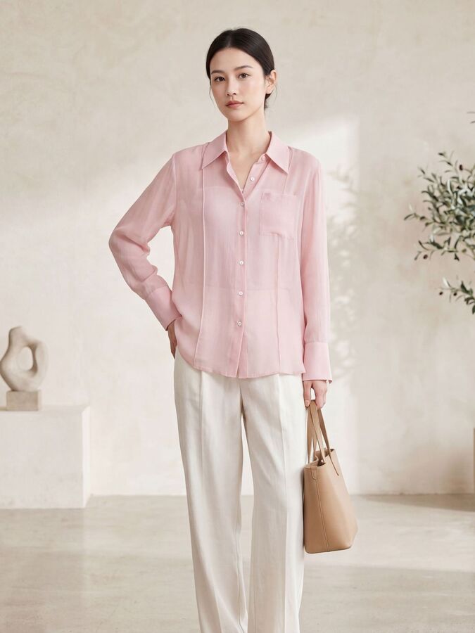 Silk Shirt Long Sleeve Office in Black, Pink, and White