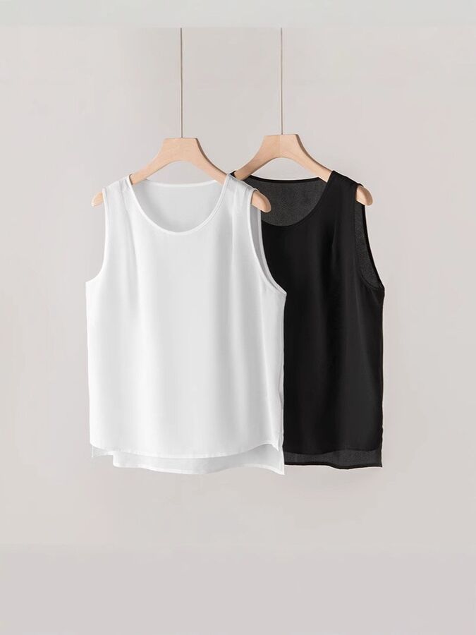 Silk Tank Top Sleeveless Round Neck in White and Black