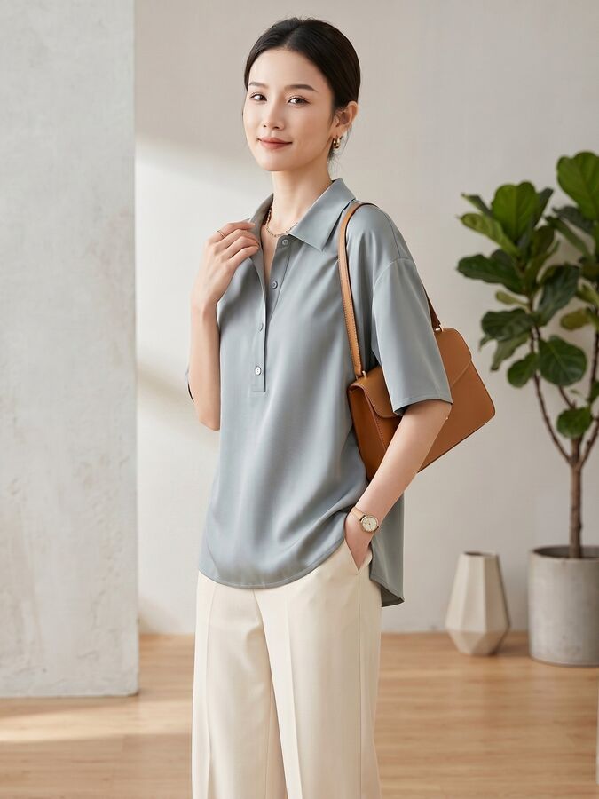 Silk T-Shirt Five Sleeve Square Neck in White, Black, and Green