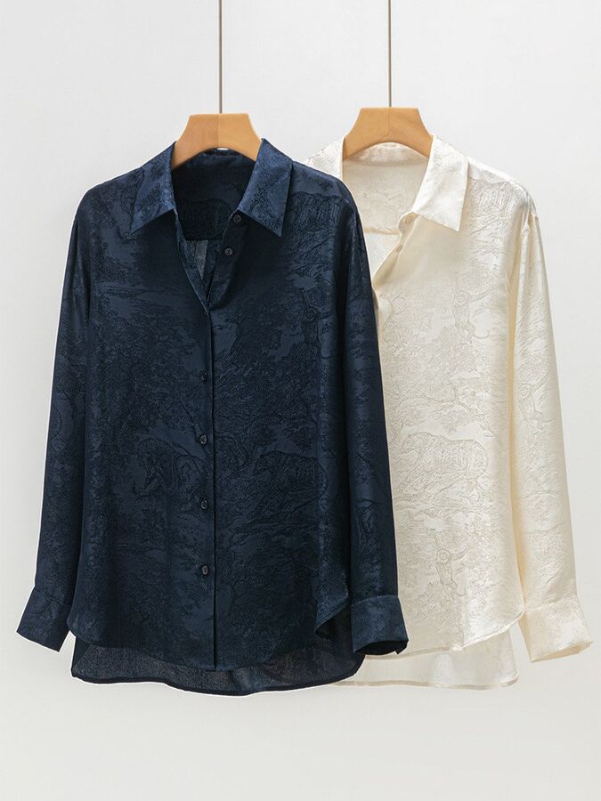 Animal Forest Jacquard Silk Long Sleeve Shirt in off-white and navy