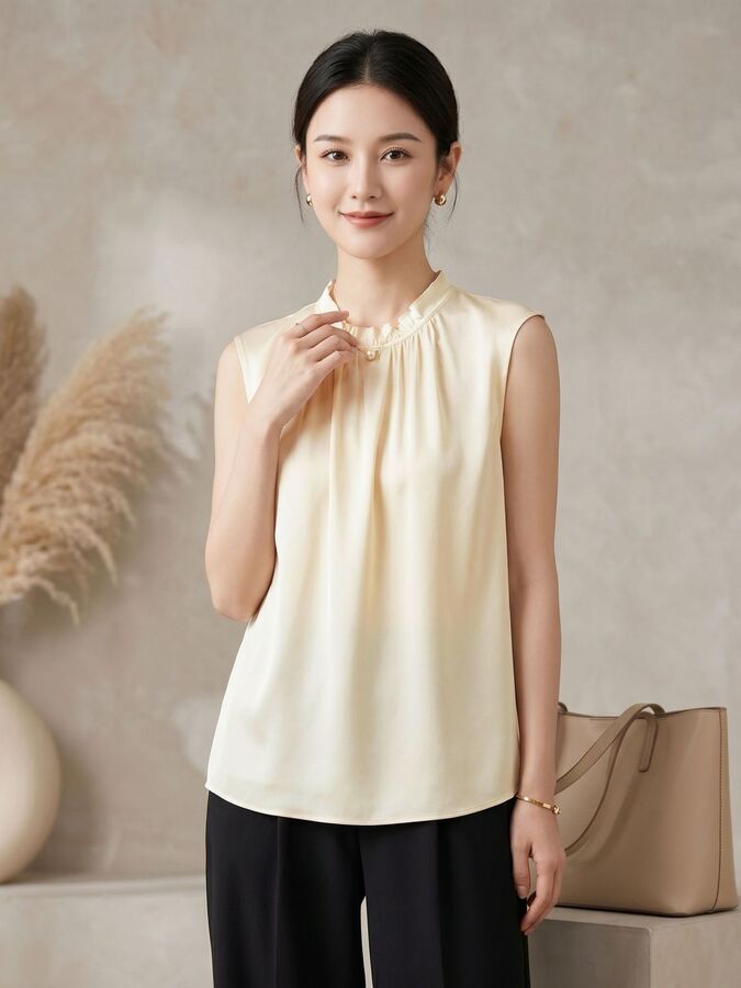Satin Silk Ruffle Neck Sleeveless Top in multiple colors