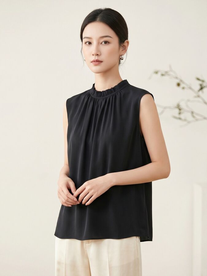 Satin Silk Ruffle Neck Sleeveless Top view 2